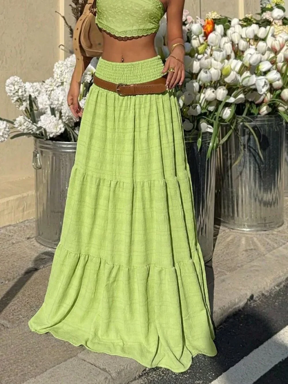 Green Casual Women's Textured Fabric High Waist Tiered Hem Skirt